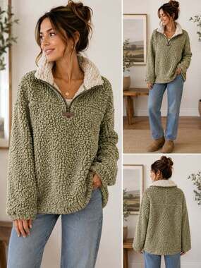 True Grit Sherpa Pullover Fleece Sage Green Quarter Zip Cozy Teddy Jacket M